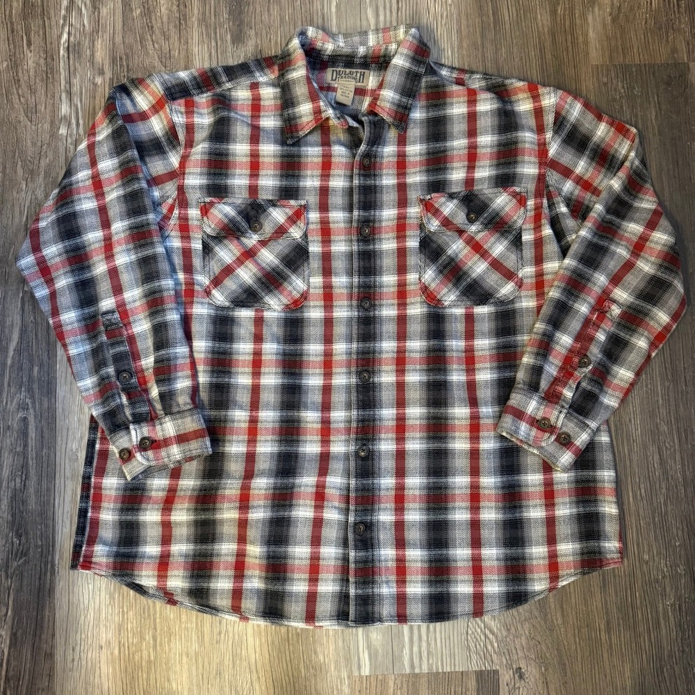 Duluth Trading Co Mens 2XL Plaid Heavy Flannel‎ Long Sleeve Button Up Shirt Gray